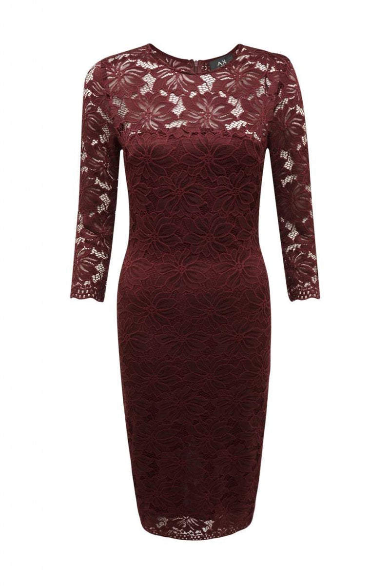 Wine Midi Bodycon Dress with Lace Detail