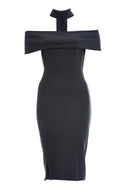 Black Strapless Midi Dress with Choker Detail