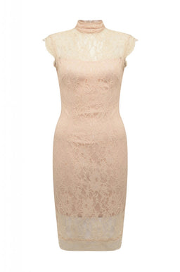Nude Midi Dress with High Necked Lace Detail