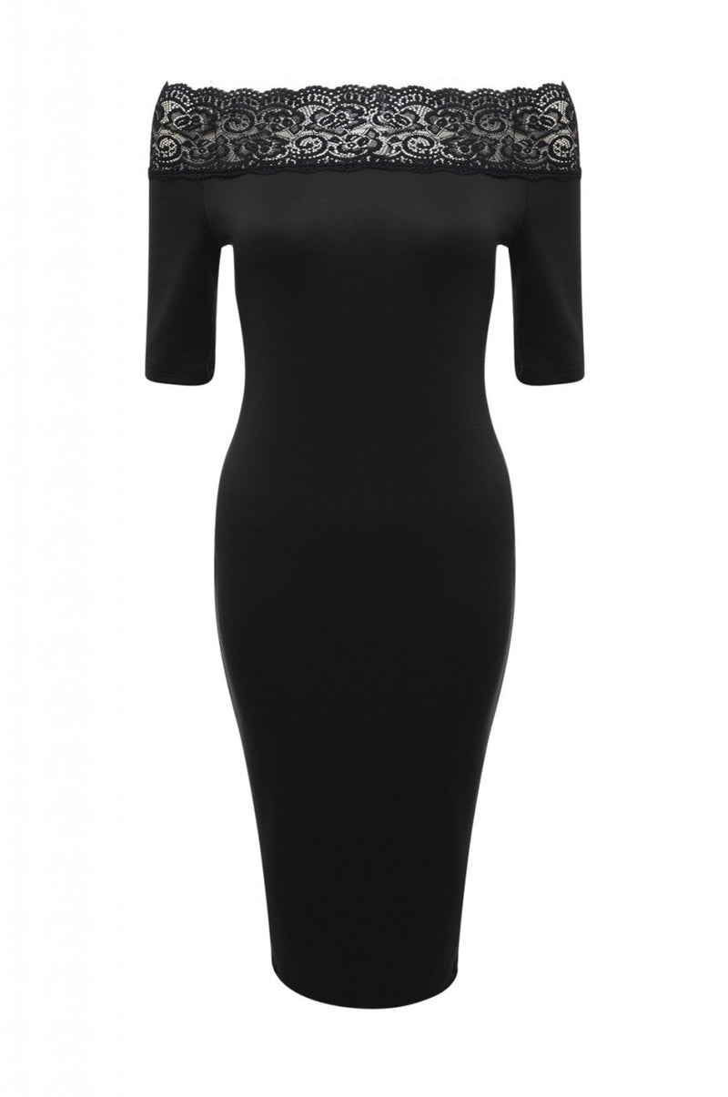 Black Midi Dress with Lace Trim