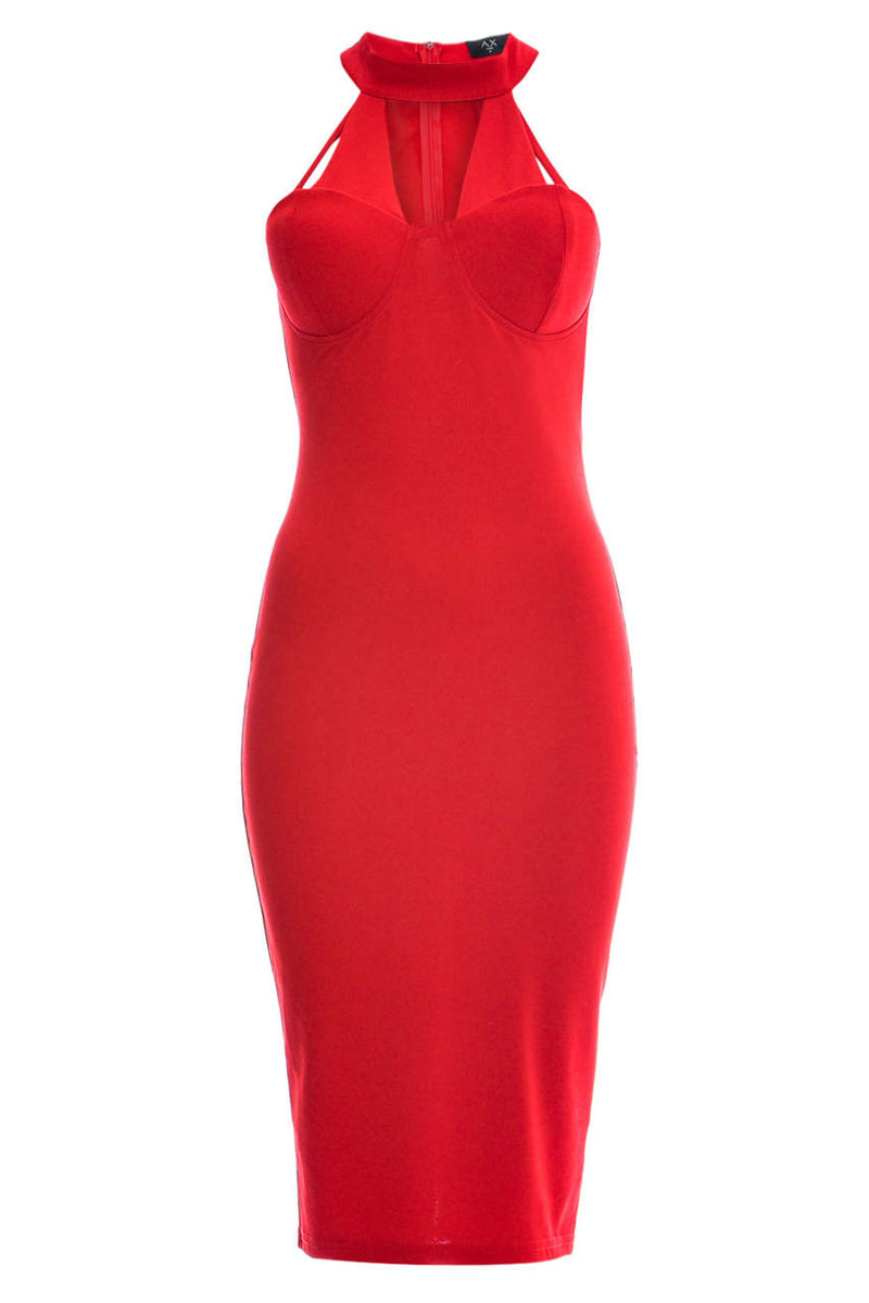 Red  Bodycon Midi Dress with Choker Harness
