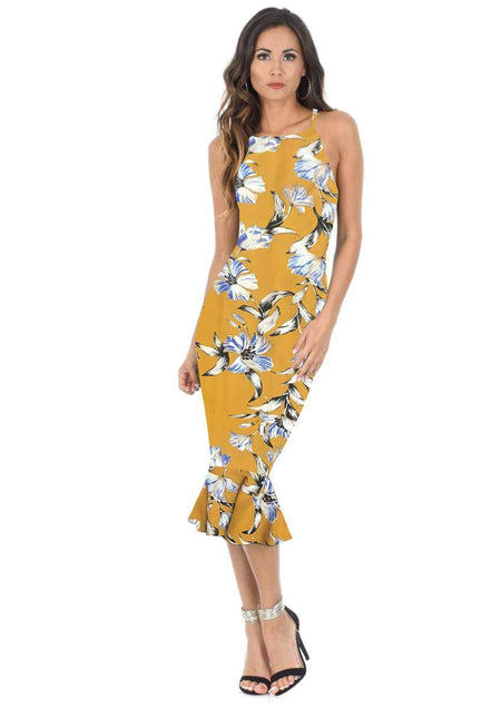 Yellow Floral Bodycon Midi Dress With Frill Hem