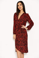 Red Leopard Print V-Neck Wrap Dress