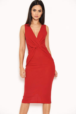 Red Plunge Midi Dress With Twist Front
