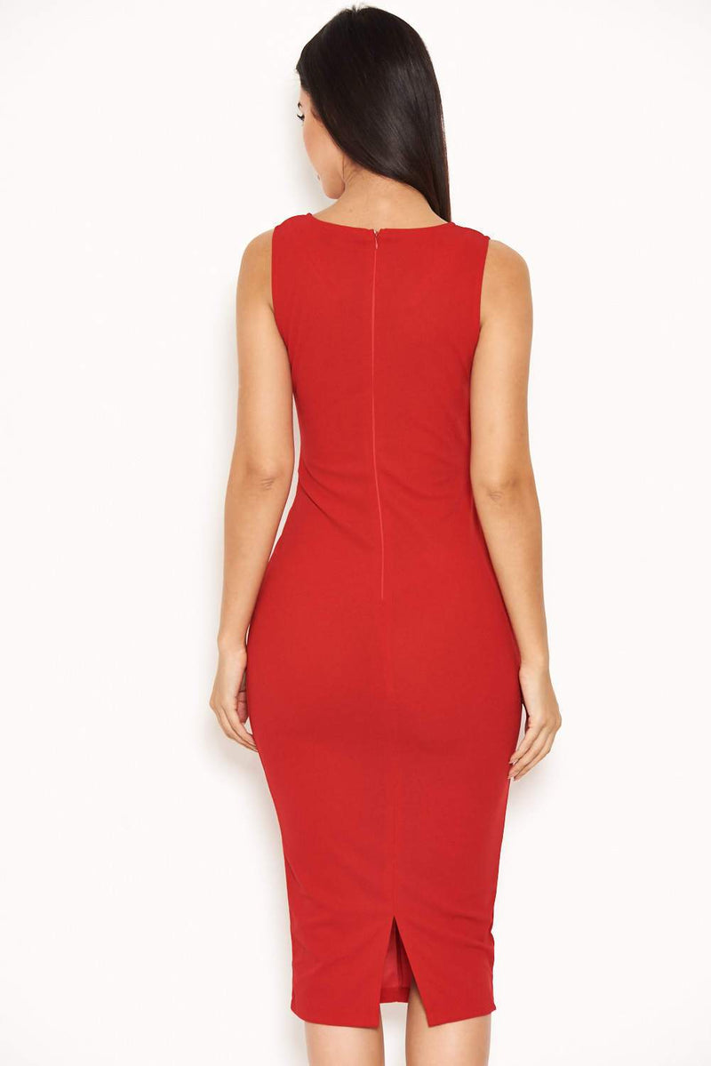 Red Plunge Midi Dress With Twist Front