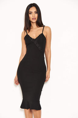 Black Midi Dress With Frill Hem And Floral Crochet Detail