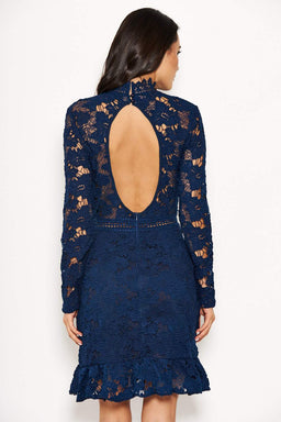 Navy Lace Dress With Frill Hem And Cut Out Back