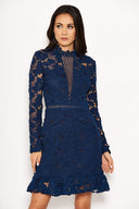 Navy Lace Dress With Frill Hem And Cut Out Back