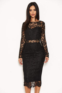Black Lace Front Midi Dress