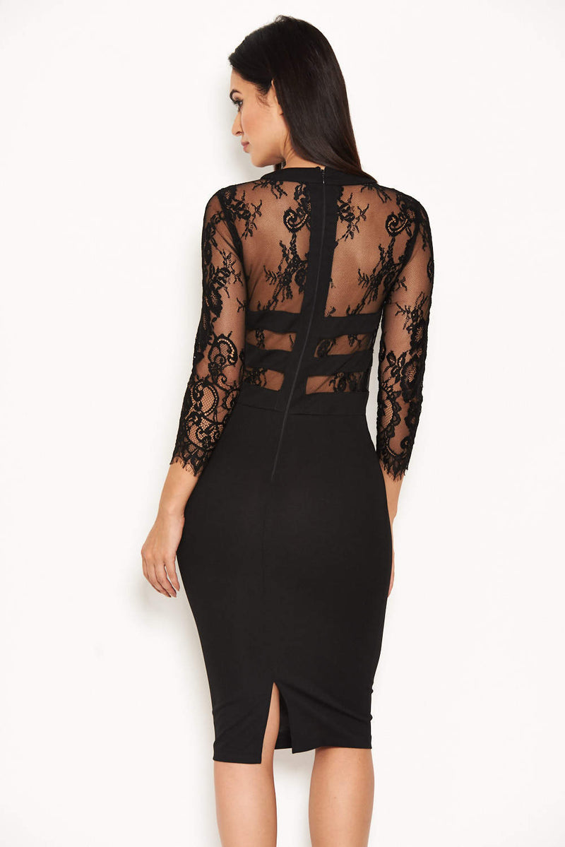 Black Sheer Lace Panel Midi Dress