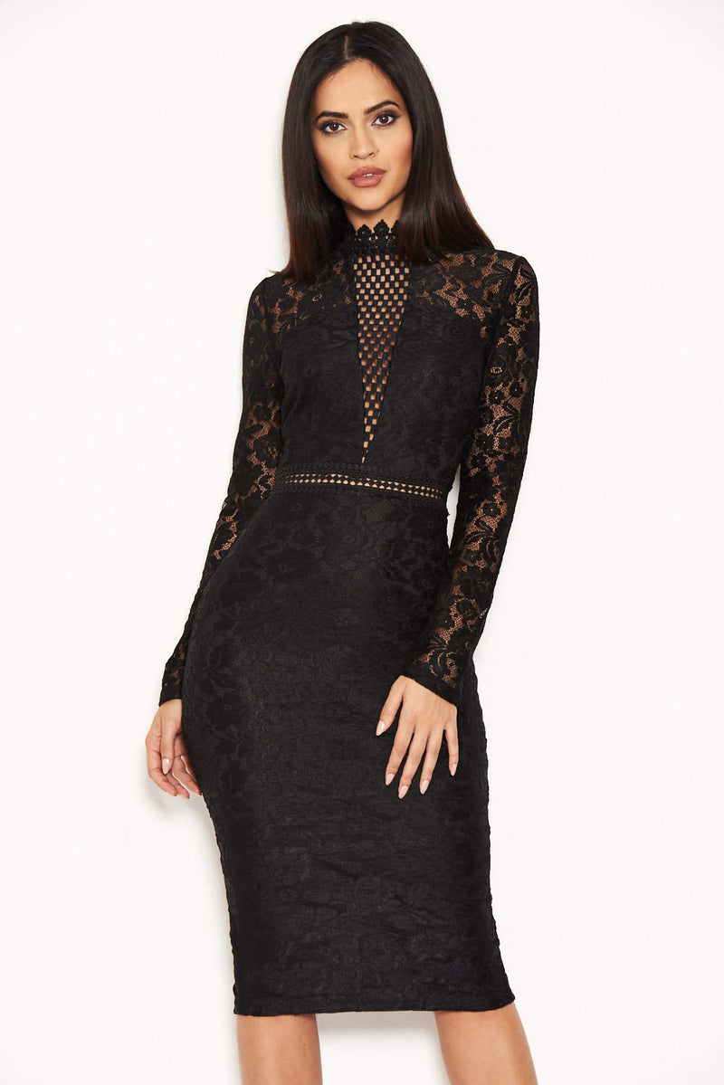 Black High Neck Lace Dress With Frill Hem