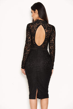 Black High Neck Lace Dress With Frill Hem