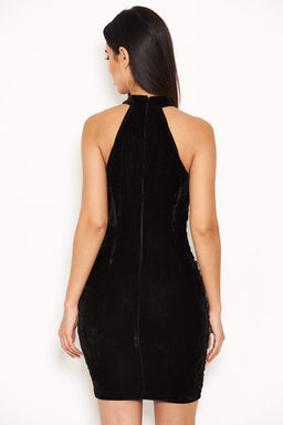 Black Sequin Velvet High Neck Dress