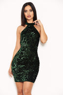 Green Sequin Velvet High Neck Dress