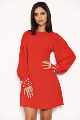 Red Pearl Detailed Mini Dress