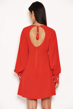 Red Pearl Detailed Mini Dress