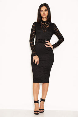 Black Lace Velvet Waist Midi Dress