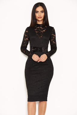 Black Lace Velvet Waist Midi Dress