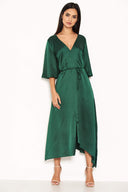 Green Midi Dress With Ruffle Sleeves And Tie Waist