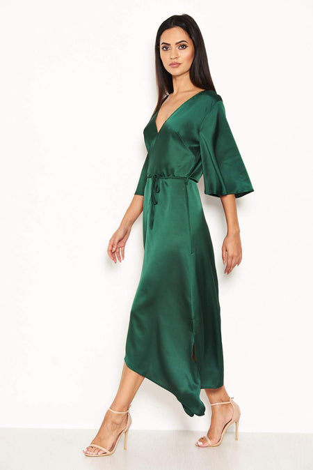 Green Midi Dress With Ruffle Sleeves And Tie Waist