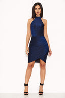 Blue Metallic Bodycon Dress With Halterneck