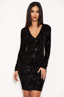 Black Plunge Mini Dress With Sequin Detail