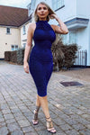 Blue Ruched Midi Dress With High Neck