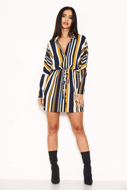Navy Stripe Waist Tie Shirt Dress
