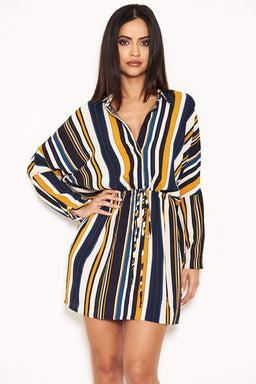 Navy Stripe Waist Tie Shirt Dress
