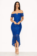 Blue Lace Bardot Fishtail Dress