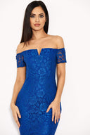 Blue Lace Bardot Fishtail Dress
