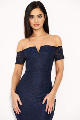 Navy Notch Front Lace Detail Fishtail Dress