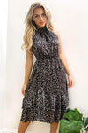 Black Spotty High Ruffle Neck Midi Dress