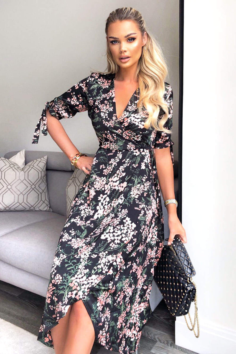 Black Floral Wrap Dress With Ties