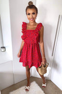 Red Ditsy Floral Square Neck Frill Dress