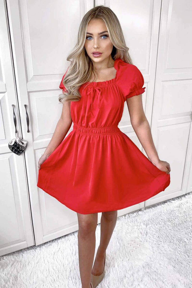 Red Milkmaid Neck Frill Dress