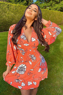 Coral Floral Wide Sleeve Dress