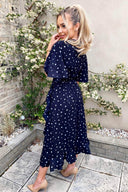 Navy Polka Dot Wrap Frill Midi Dress