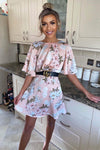 Pink Floral Print Flute Sleeve Dress