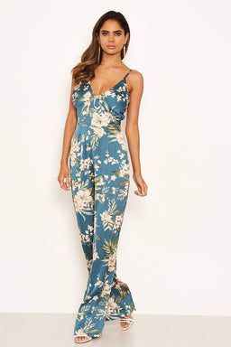 Duck Egg Printed Satin Jumpsuit