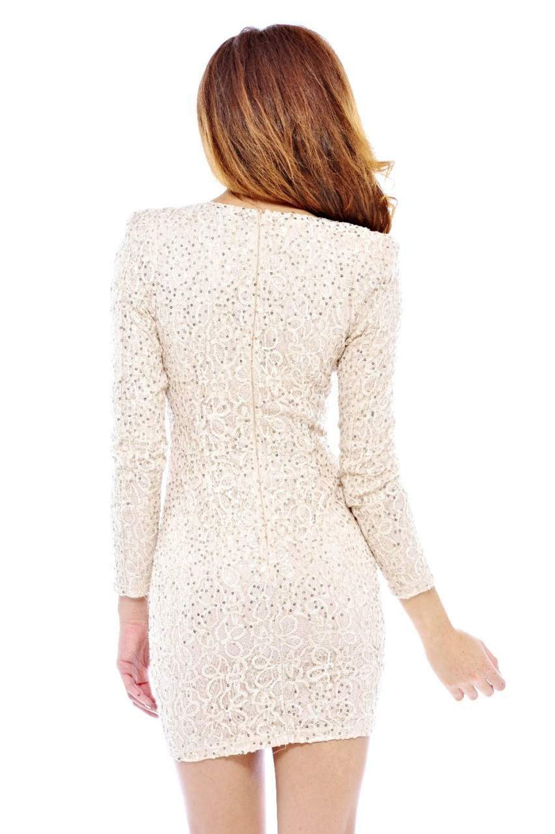 Long Textured Sequin Sleeve V Front Dress