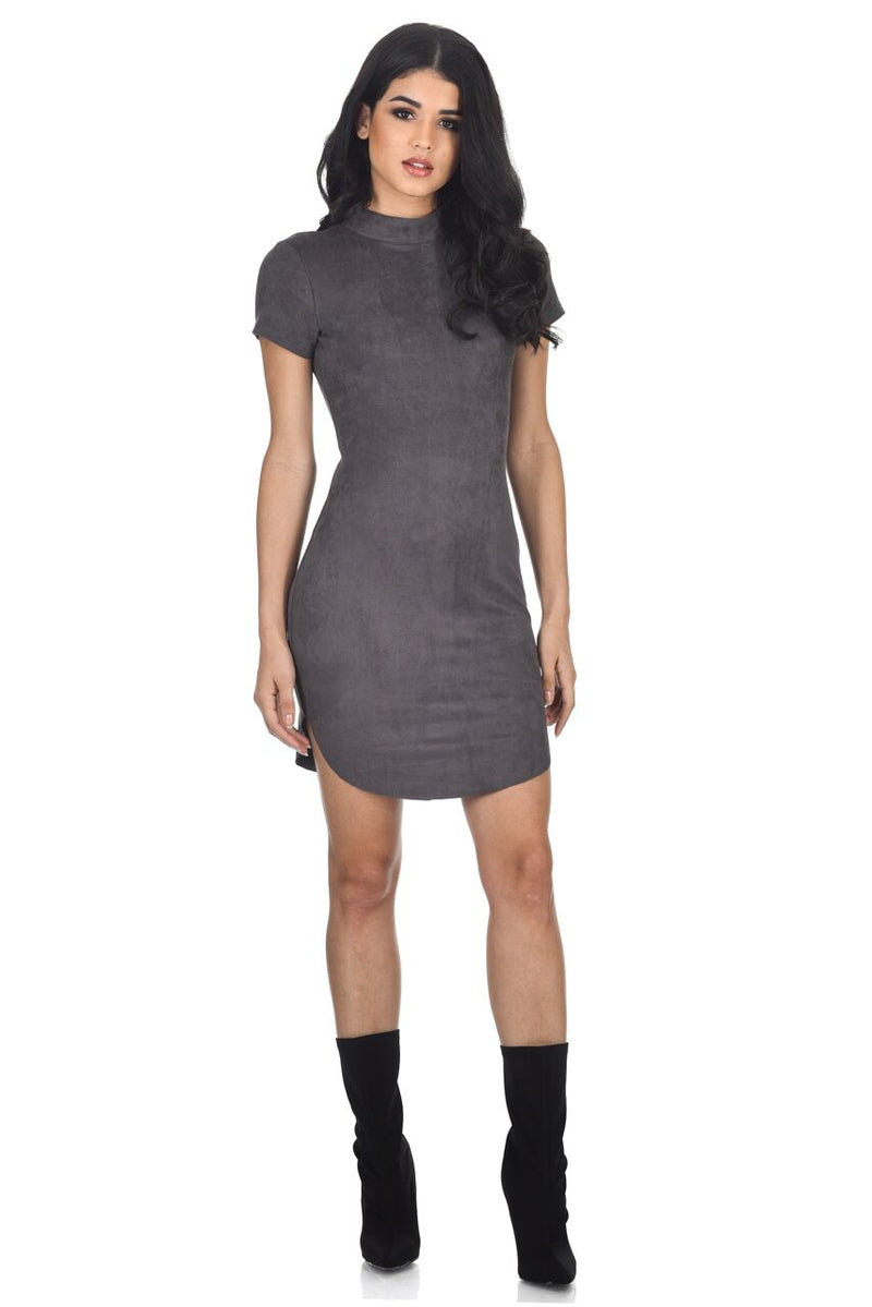 Dark Grey Faux Suede Mini Dress With High Neck