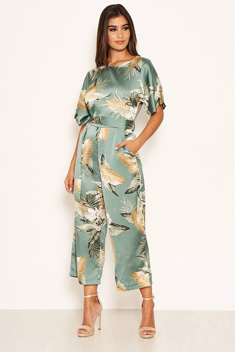 Duck Egg Floral Print Culotte Jumpsuit