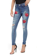 Blue Embroided Flower Ripped Jeans