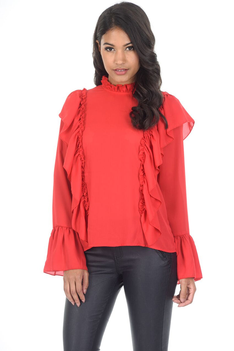 Red Frill Long Sleeved Top