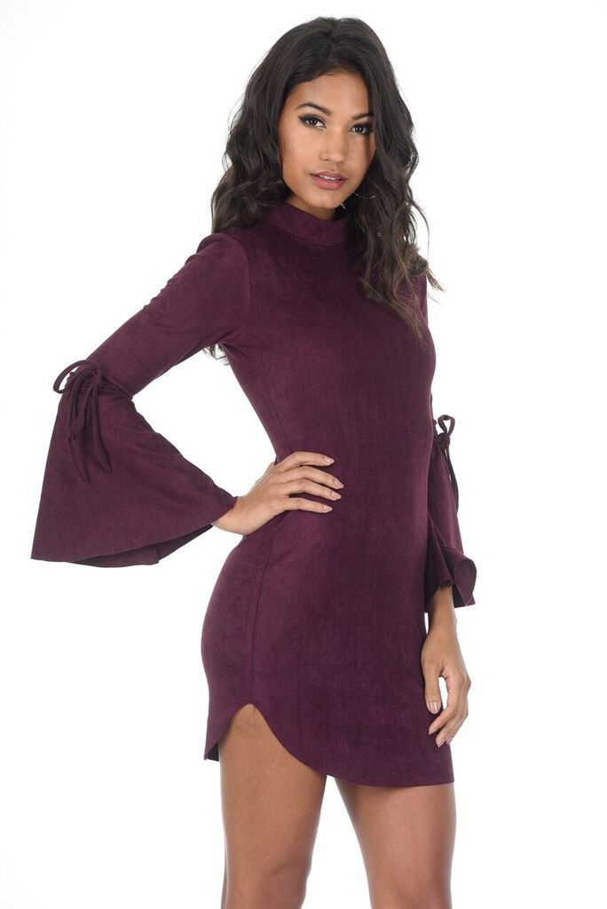 Plum Faux Suede Flare Sleeve Dress