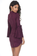 Plum Faux Suede Flare Sleeve Dress