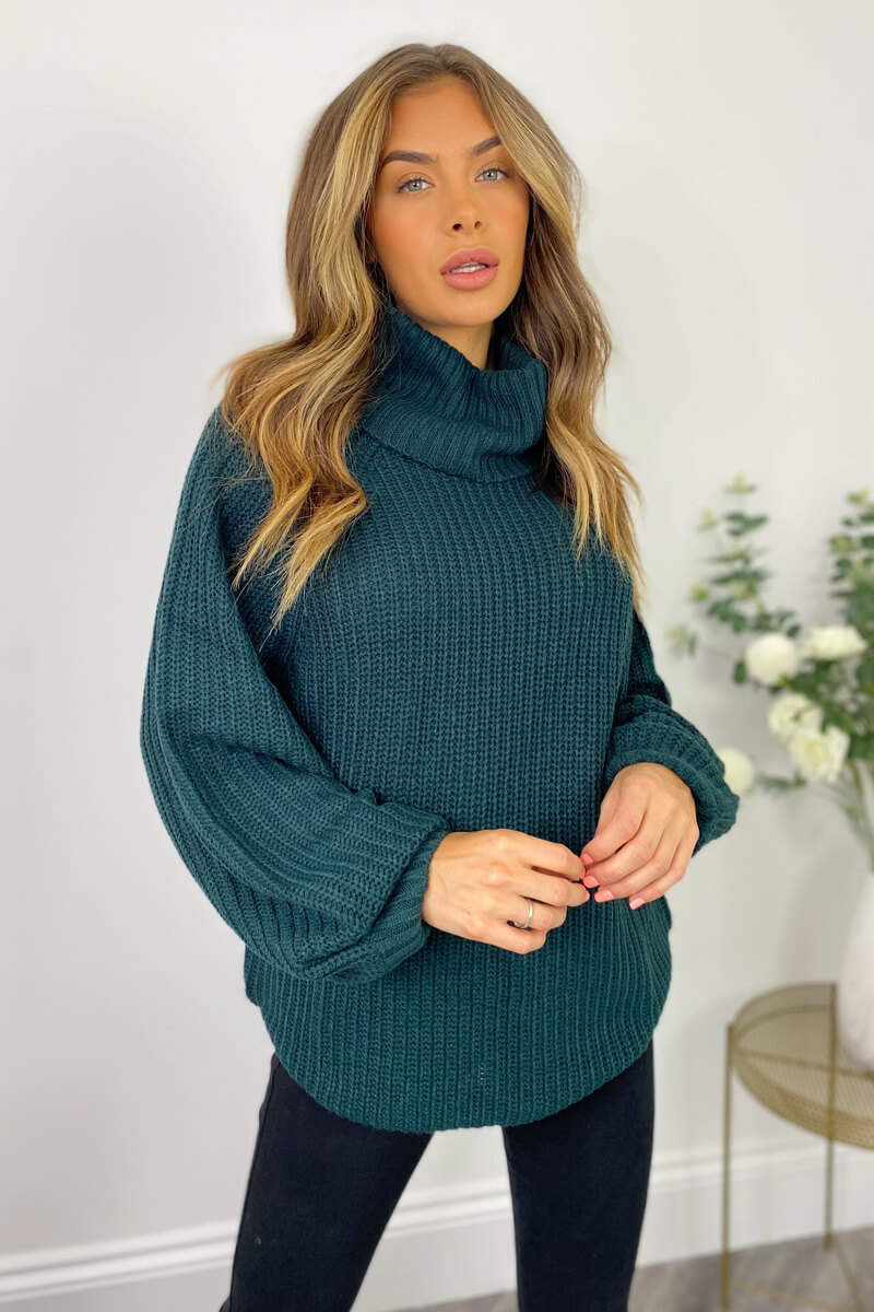 Forest Green Roll Neck Balloon Sleeve Knitted Jumper