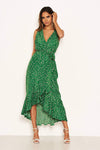 Green Printed Wrap Over Frill Midi Dress