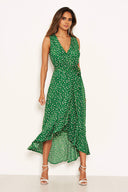 Green Printed Wrap Over Frill Midi Dress